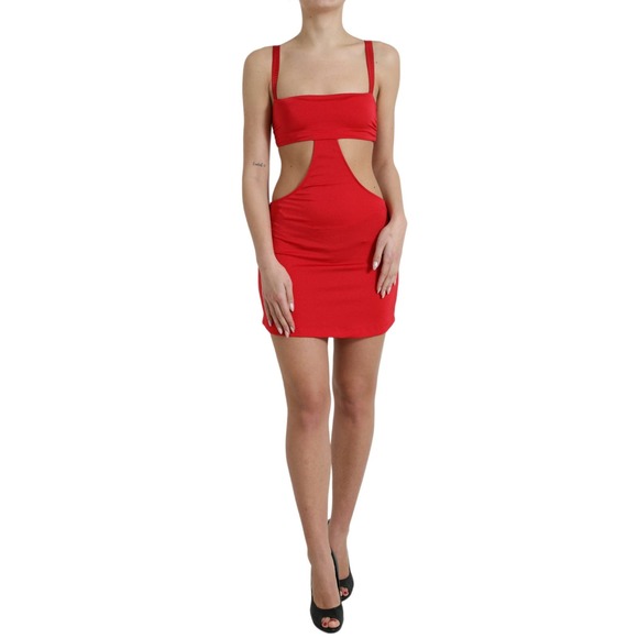 Dolce & Gabbana Red Cutout Nylon Sheath Sleeveless Mini Dress NWT